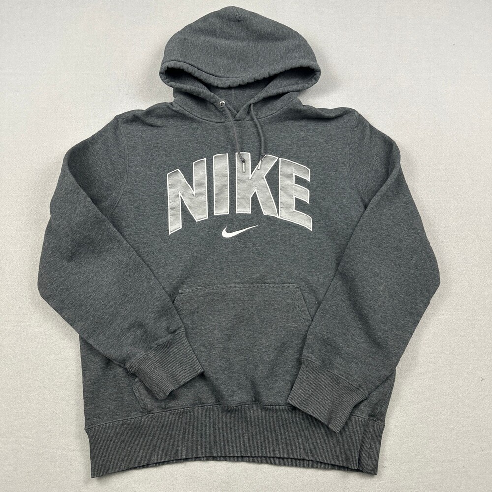 Nike Hoodie Men Large Gray Spellout Arch Center Swoosh Sweatshirt Pockets L